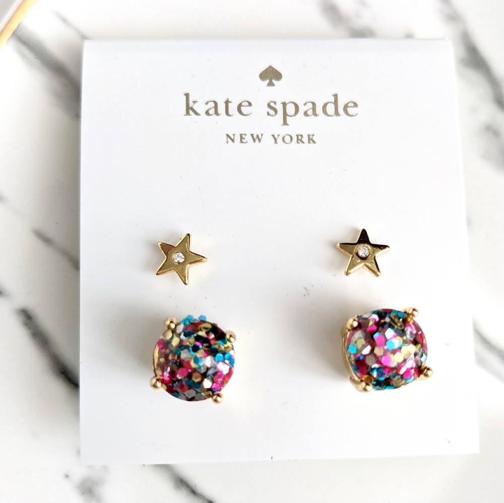 Kate Spade Round Glitter & Star Stud Duo Earrings Set